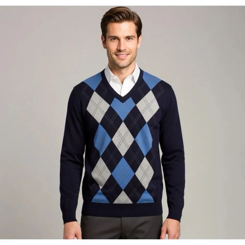 Banana Republic Sweater Mens Medium Merino Wool V-Neck Brown Argyle